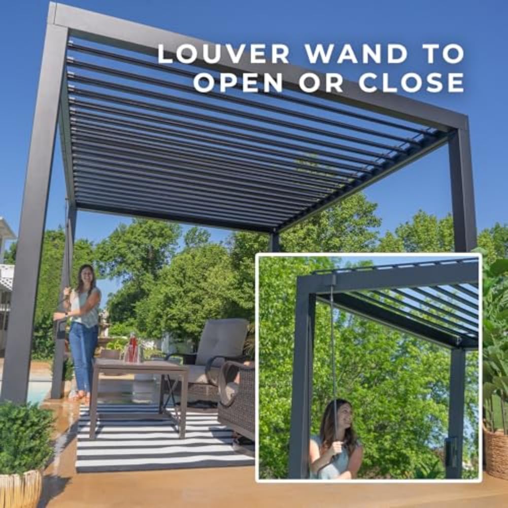Backyard Discovery Sarasota 12' x 10' Galvanized Steel Louvered Pergola Kit with Adjustable Roof, Shade, Rain Protection, High-Wind Rating, Gutter System for Outdoor Patio, Garden, Deck, Entertaining