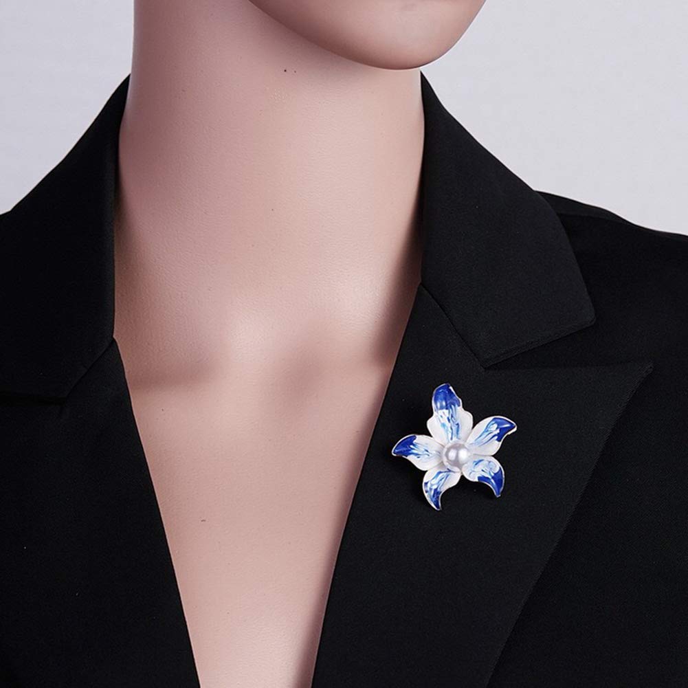 AILUOR Elegant Enamel Flower Brooches for Women, Fashion Gold Plated Pearls Flower Brooch Pin Wedding Corsage Jewelry Gifts (Blue)