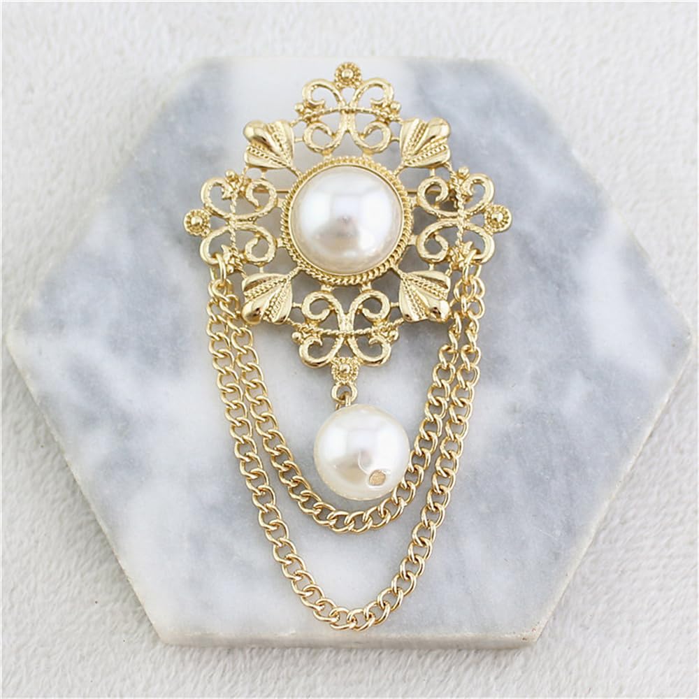 Vintage Round Simulated Pearl Filigree Flower Chain Tassel Brooches Lapel Pins for Women Party Dance Banquet Dainty Boho Dangle Drop Pin Dress Suit Clothes Accessories Jewelry (White)