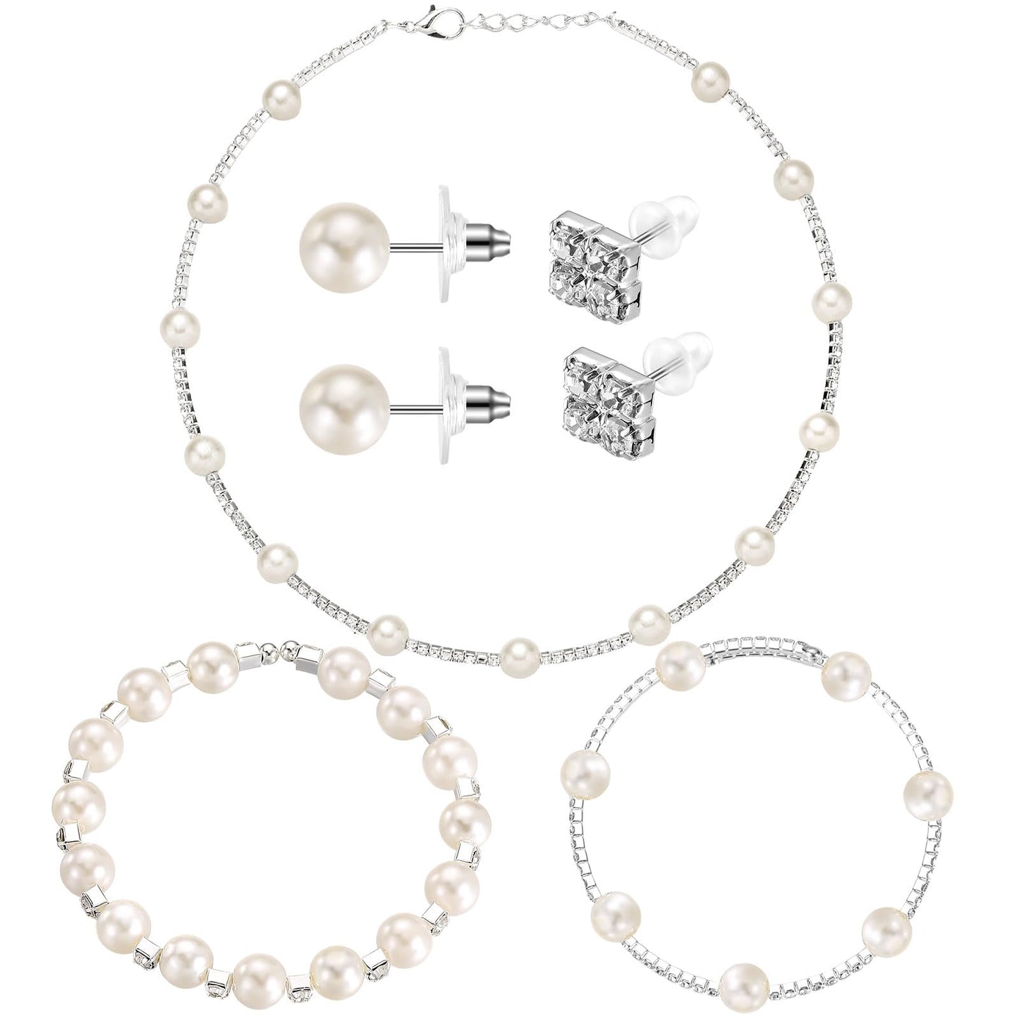 Glenmal Pearl Rhinestone Jewelry Set for Women Pearl Necklace Bracelet Earrings for Wedding Birthday Bridal Shower Tea Party(Cute Style)