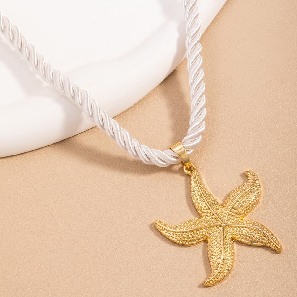UANXLL Large Gold or Blue Starfish Pendant Necklace, Chunky White Rope Chain Big Sea Star Necklaces for Women Fashion Ocean Style Beach Party Prom Jewelry Gift (Gold)