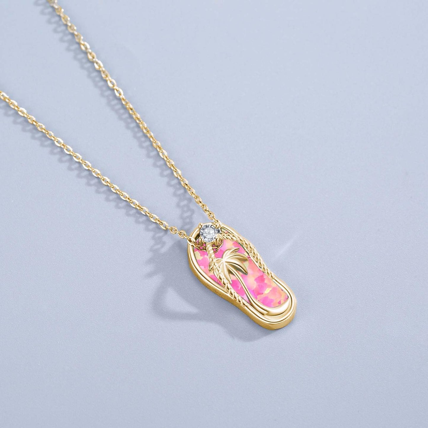 Midir&Etain Pink Opal Flip Flop Necklace 925 Sterling Silver 14K Gold Plated Palm Tree Pendant Beach Necklace Flip Flop Opal Jewelry for Women