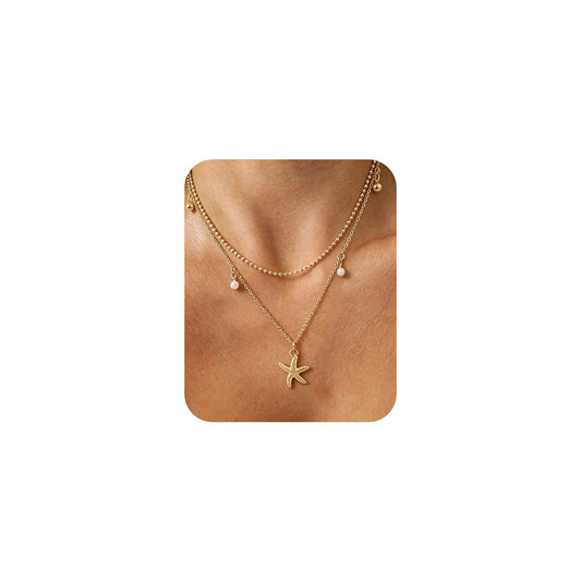 Starfish Shell Necklace for Women,14k Gold Plated Silver Layered SeaShell Pearl Pendant Charm Necklaces Dainty Non Tarnish Adjustable Waterproof Beaded Necklace Stack Jewelry for Summer Beach Vacation (Gold Starfish Necklace)