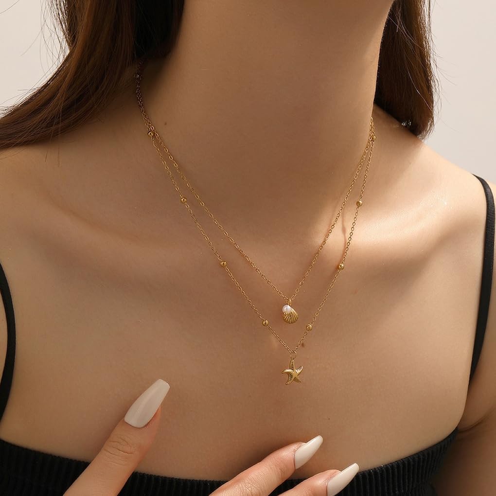 FUTIMELY Gold Shell Necklace Set,Boho Small Seashell Stacked Necklace for Women,Trendy Starfish Pendant Necklaces Beach Jewelry (Gold)