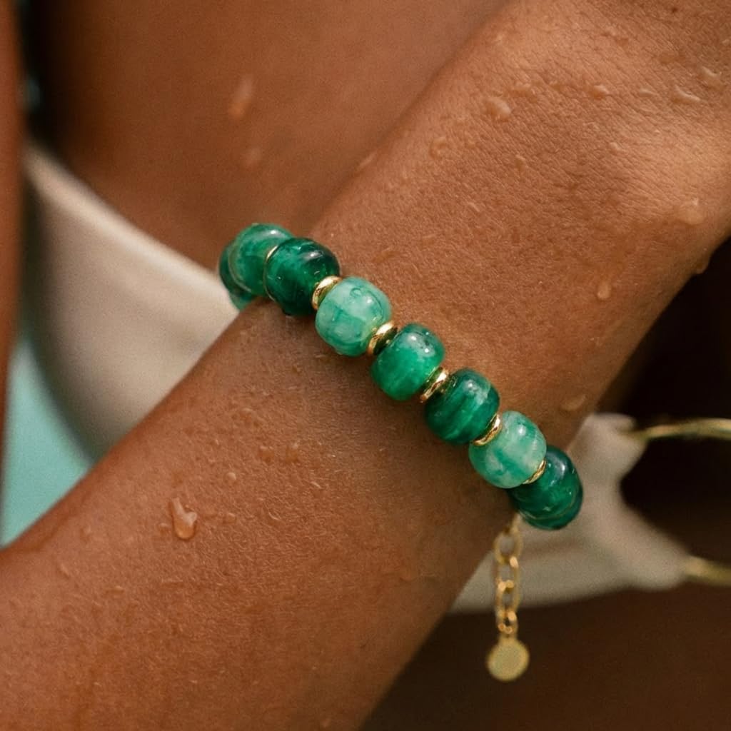 TENTMENTISE Charm Bracelets for Women, Green Beaded Bracelets for Women Trendy, Chunky Gold Plated Bracelets, Womens Boho Summer Beach Jewelry Gifts for Vacation Holiday