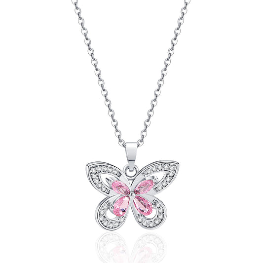 crataly Rose Quartz Butterfly Necklace For Women-Silver Plated October Birthstone Necklace For Valentine's Day Mother's Day Christams Birthday Gifts