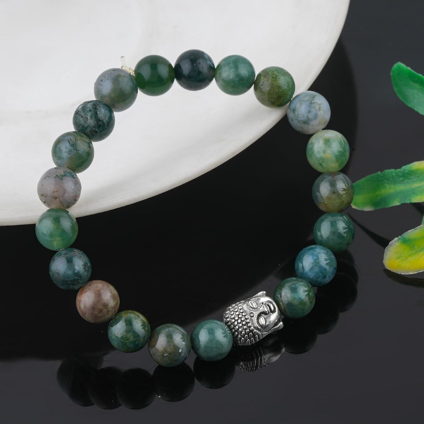 CRYSTALINES Buddha Charm Stretchable Braceclet, Natural Moss Agate Gemstone Beads, Plain Round Stones, Handmade Boho Strech Bracelet, Adjustable Spiritual Healing Crystal Unisex Jewelry Gift