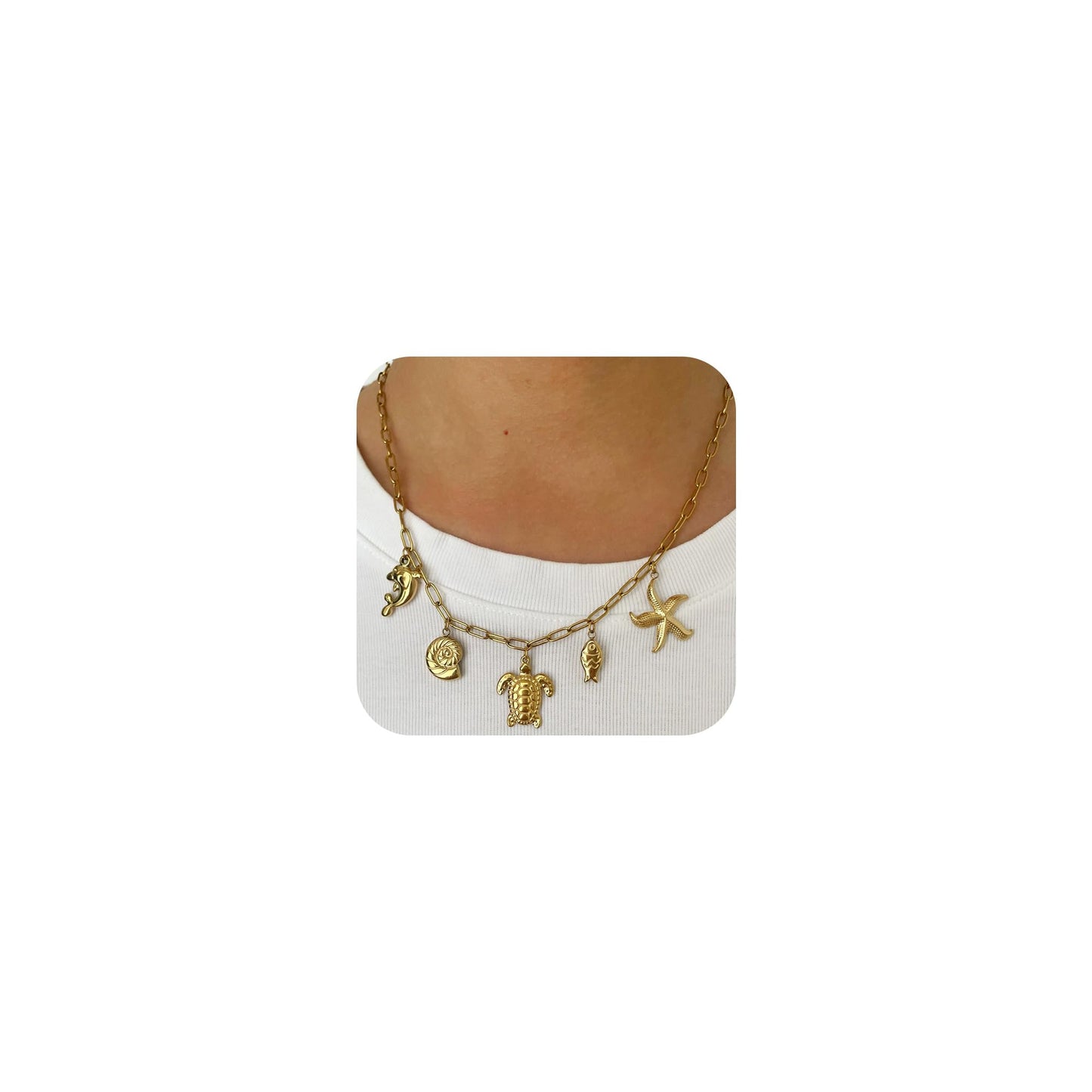 MERGEWORLD Gold Sea Shell And Starfish Necklace For Women Ocean Charm Jewelry -Beach Jewelry with Sea Turtle Dolphin Pendants, Stainless Steel Dainty Beach Gift