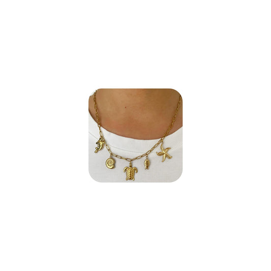 MERGEWORLD Gold Sea Shell And Starfish Necklace For Women Ocean Charm Jewelry -Beach Jewelry with Sea Turtle Dolphin Pendants, Stainless Steel Dainty Beach Gift