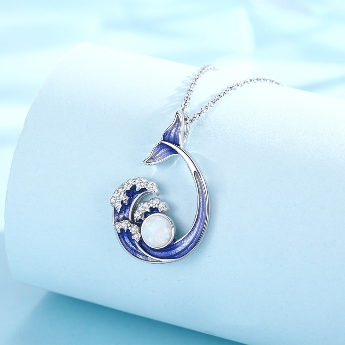KoyeKei Whale Tail Necklace for Women 925 Sterling Silver Whale Tail Wave Necklace Wave Opal Ocean Themed Pendant Beach Jewelry Graduation Gifts for Wife Sister Lover
