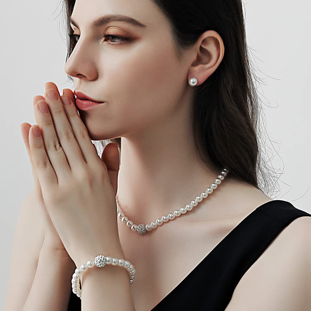 CSIYANJRY99 Pearl Necklace and Earring Set Faux Pearl Prom Jewelry Sets for Women Imitation Beaded Pearl Necklace Bracelet Stud Earrings for Women (C)