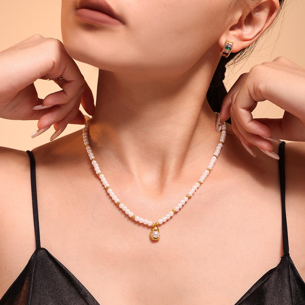 14K Yellow Gold Pearl Love Choker Necklace,Freshwater Cultured Pearl Pendant Necklaces,Fashion Jewelry for Women (Style 2, 14K Gold)
