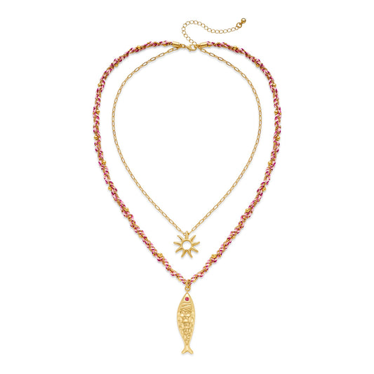 ENSKEFEN Double Layered Necklace for Women with Gold Sun and Fish Pendant Braid Cord Necklace Trendy Boho Ocean Fish Necklaces Adjustable Summer Beach Gold Necklaces Jewelry
