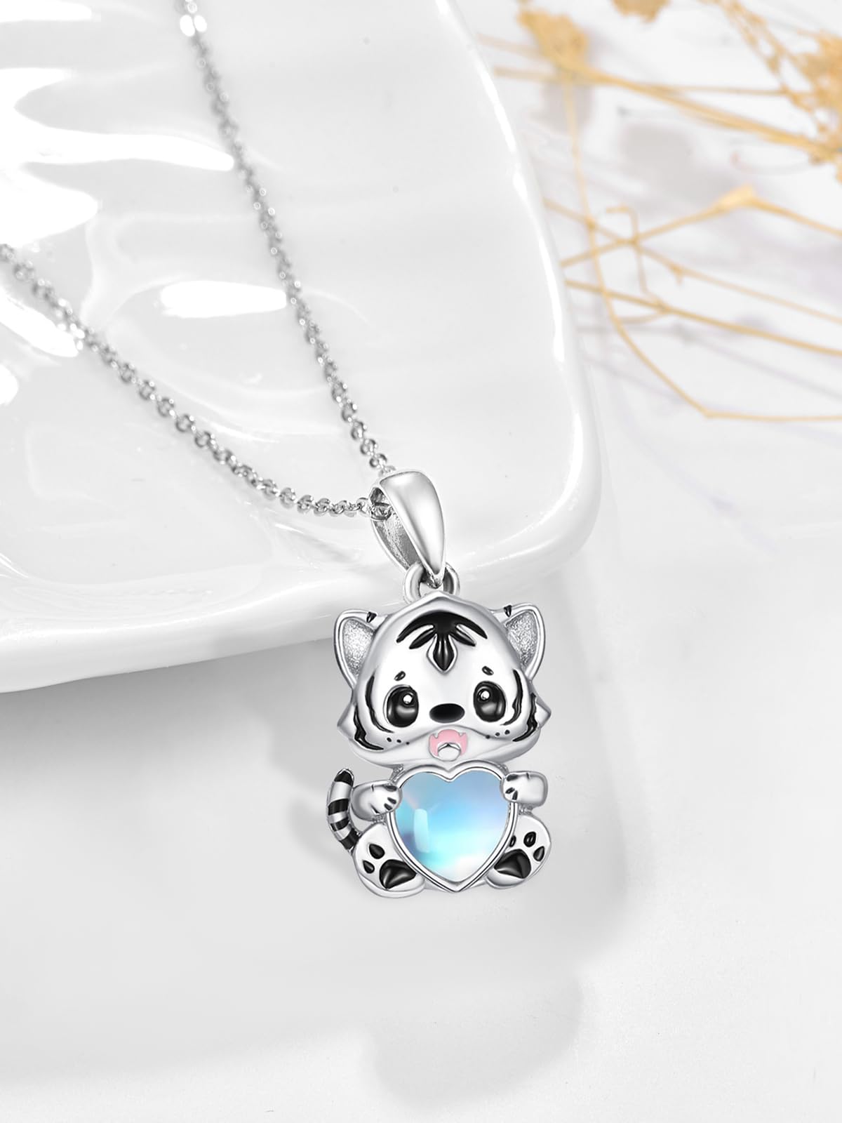 Dreamboat Tiger Pendant Necklace for Women 925 Sterling Silver Moonstone Animal Jewelry Gifts for Tigers Lovers
