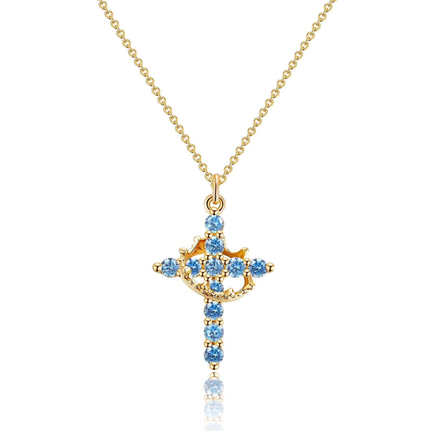 Robaice Birthstone Crown Cross Necklace for Women, Gold-Plated Christian Faith Necklace, Cross Jewelry Gift for Women, December Blue Zircon Gift