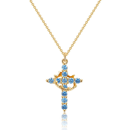Robaice Birthstone Crown Cross Necklace for Women, Gold-Plated Christian Faith Necklace, Cross Jewelry Gift for Women, December Blue Zircon Gift
