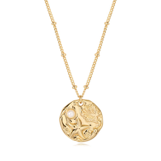 MTMY Gold Starfish Necklace 14K Gold Plated Shell Conch Ocean Pendant Necklace for Women Beach Summer Jewelry(Pearl Starfish)