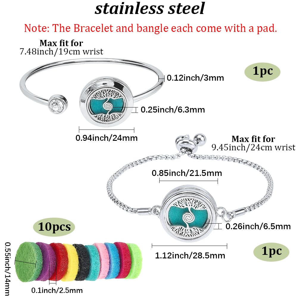 SUNNYCLUE 1 Box 2 Sets Essential Oil Bracelets Tree of Life Bangle Bracelet with 10Pcs Refill Pads Aromatherapy Diffuser Stainless Steel Adjustable Chain Band Pendant Jewelry for Women Gifts Birthday