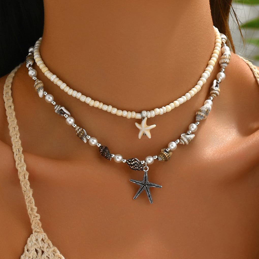 Starfish Conch Layered Necklaces for Women Charm Pearl Beaded Choker Necklace Boho Starfish Fish Pendant Necklaces Trendy Beach Jewlery Accessories (White2)
