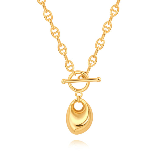 PEARLADA Statement 18k Gold Plated Teardrop Necklace, Pebble Pendant Mariner Chain Necklace with Trendy Toggle Clasp