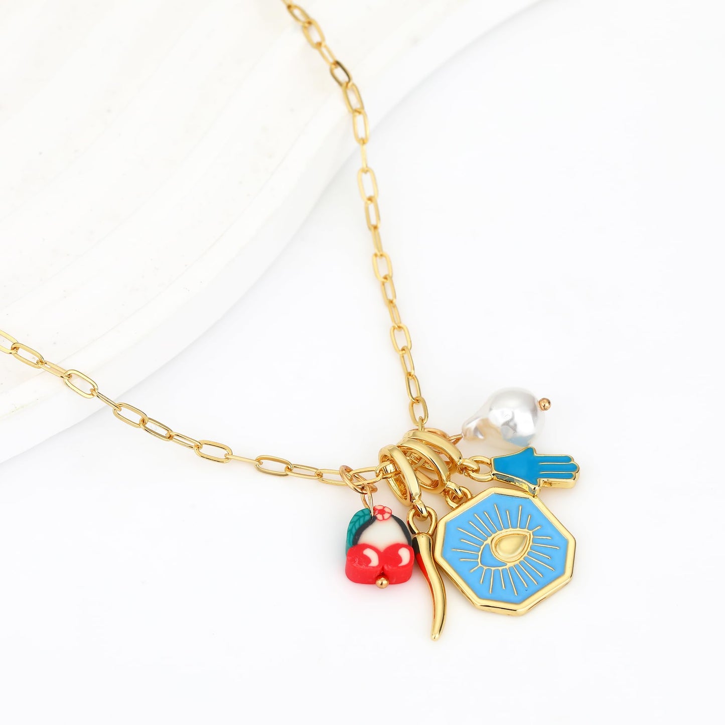BONJOULRY Charm Necklace for Women Dainty Gold Evil Eye Pendant Protection Necklace Paperclip Chain Italian Horn Hamsa Hand Pearl Charms Necklaces Trendy Jewelry Blue