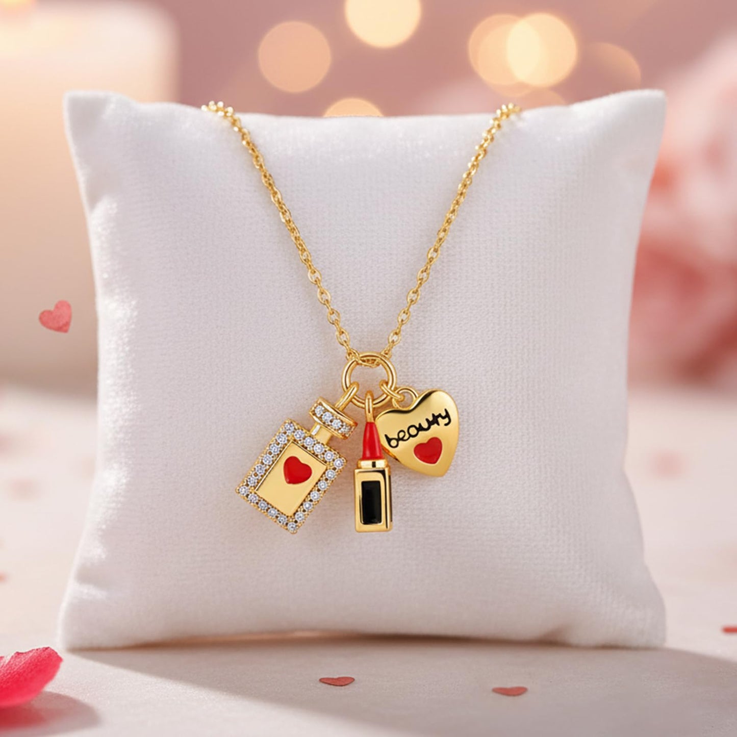 crataly Mini Makeup Enamel Necklace For Women-Gold Plated Lipstick Ornament Perfume Bottle Puffy Heart Combination Necklace For Graduation Valentines Day Mother's Day Christmas Birthday Gifts