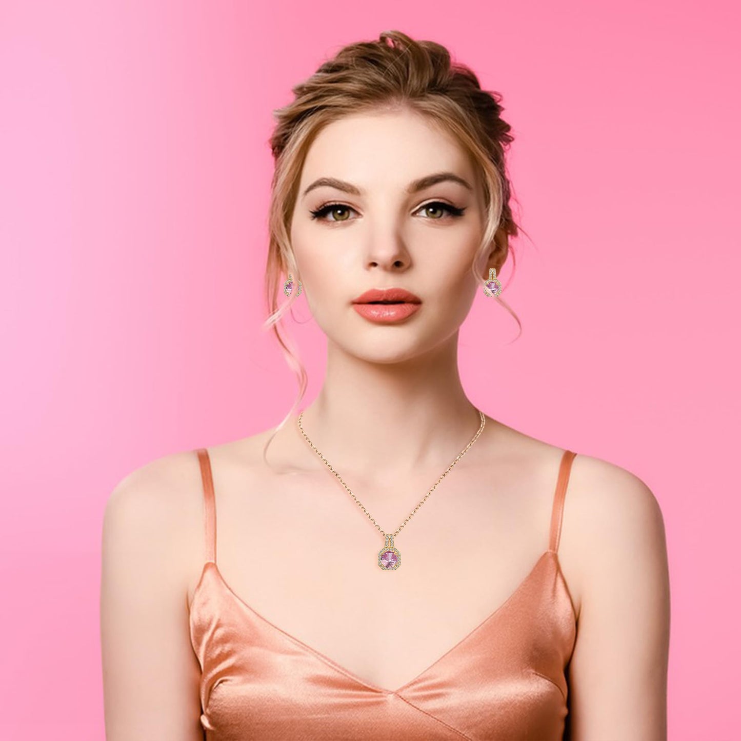 4pcs Wedding Jewelry Sets for Bride & Bridesmaid - Gold Plated Pink Cubic Zirconia Pendant, Earrings, Link Tennis Bracelet & Open Ring