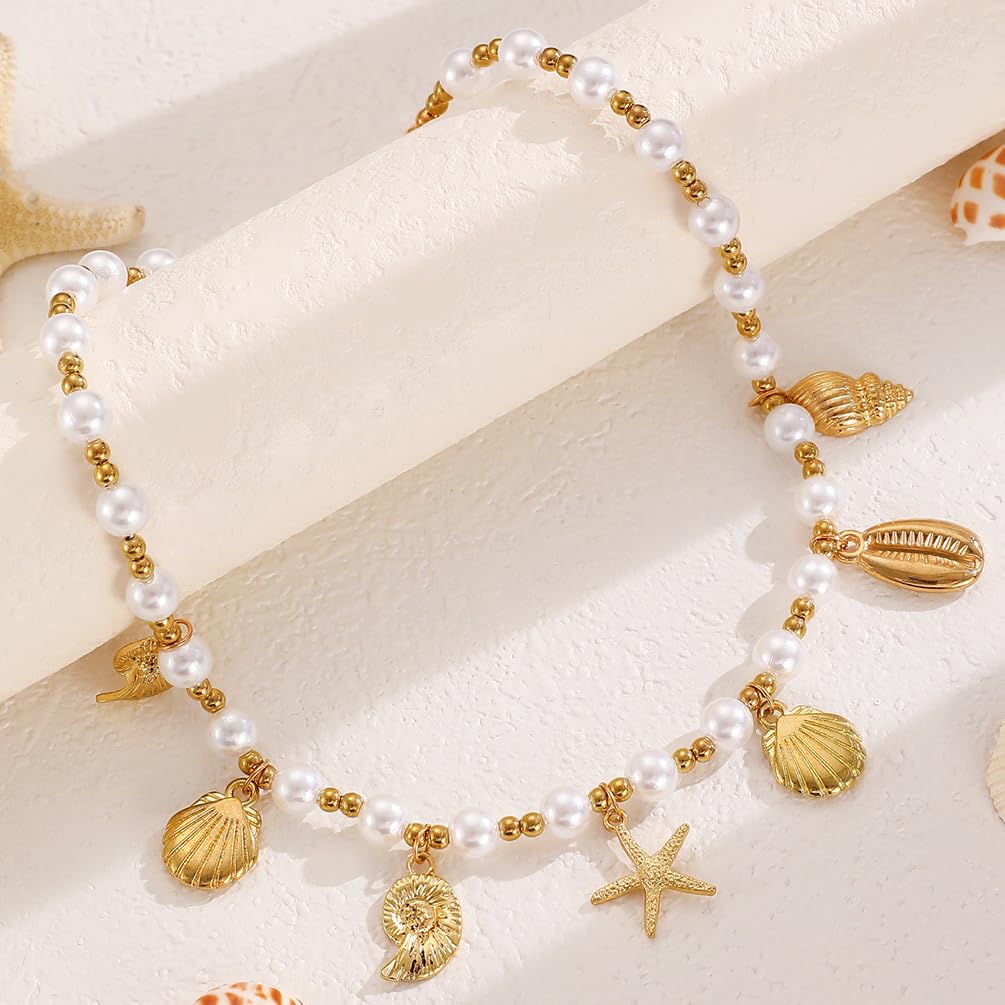 Gold Starfish Conch Oval Pearl SeaShell Necklace for Women Trendy, Statement Boho Shell Pearls Beaded Chain Necklaces Holiday Beach Party Jewelry (Gold 2)