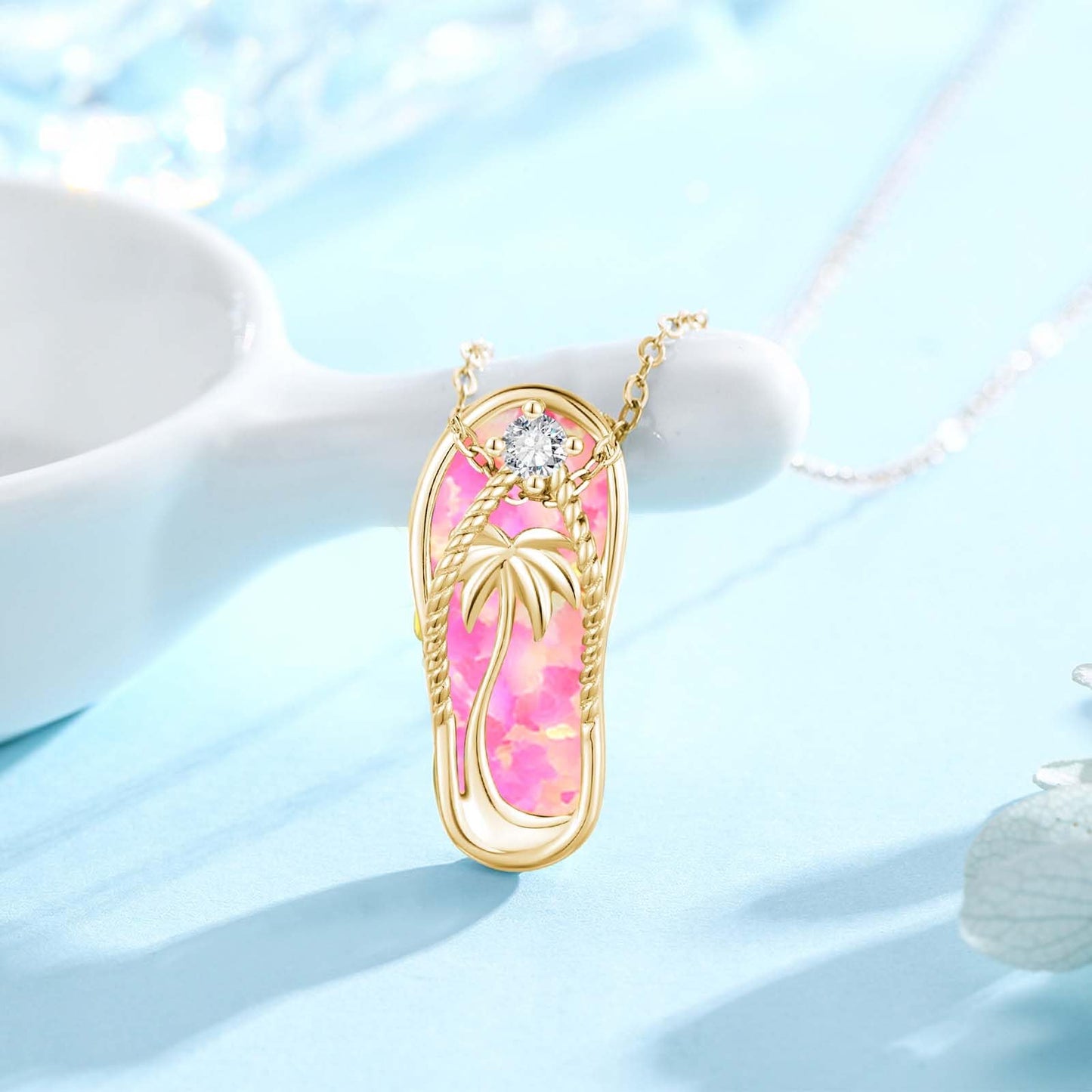 Midir&Etain Pink Opal Flip Flop Necklace 925 Sterling Silver 14K Gold Plated Palm Tree Pendant Beach Necklace Flip Flop Opal Jewelry for Women