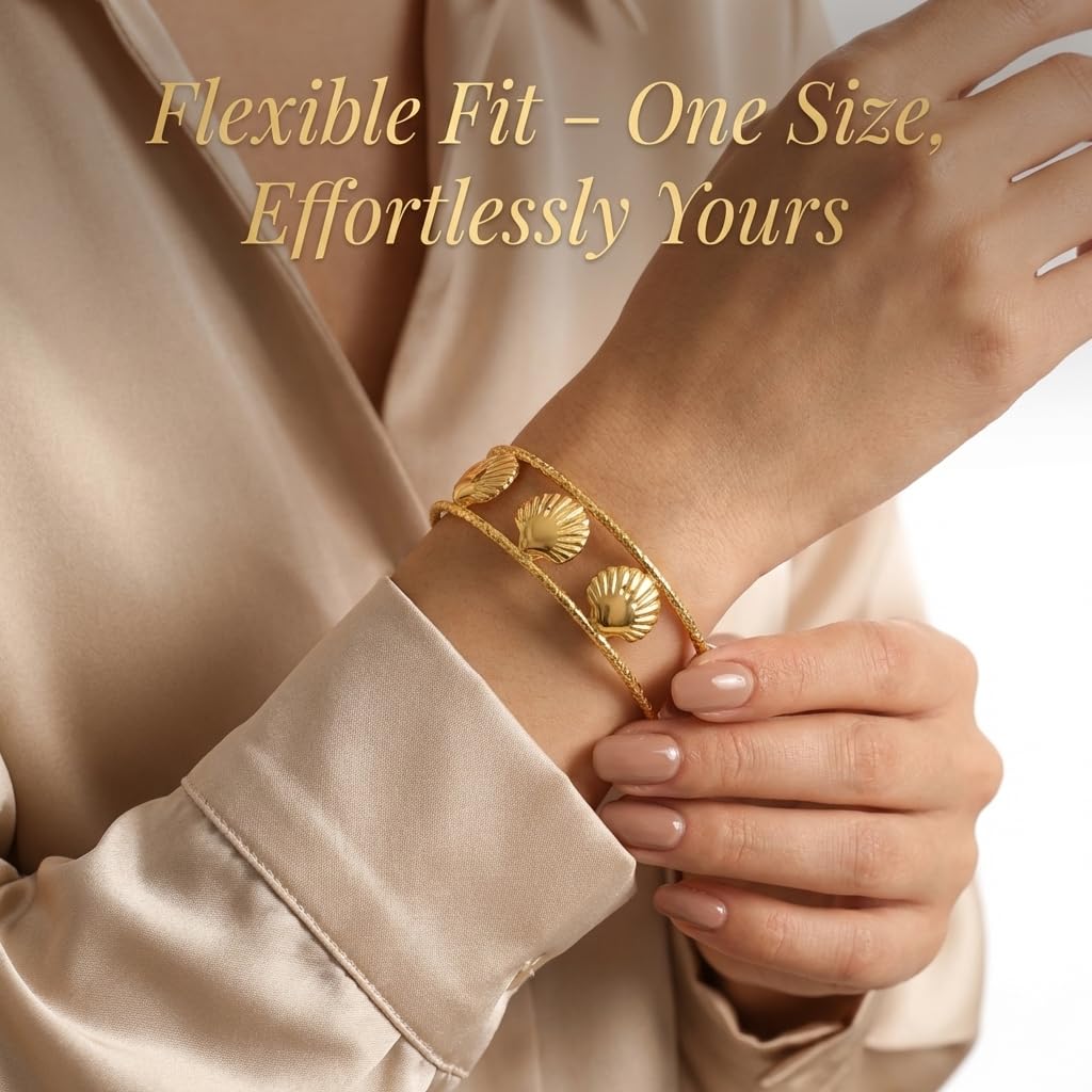 MystiGlimmer Starfish Bracelet with Luxury Gift Box 18K Gold Plated Stainless Steel, Adjustable Open Cuff, Waterproof & Hypoallergenic Jewelry Gift for Women (3Seashell)