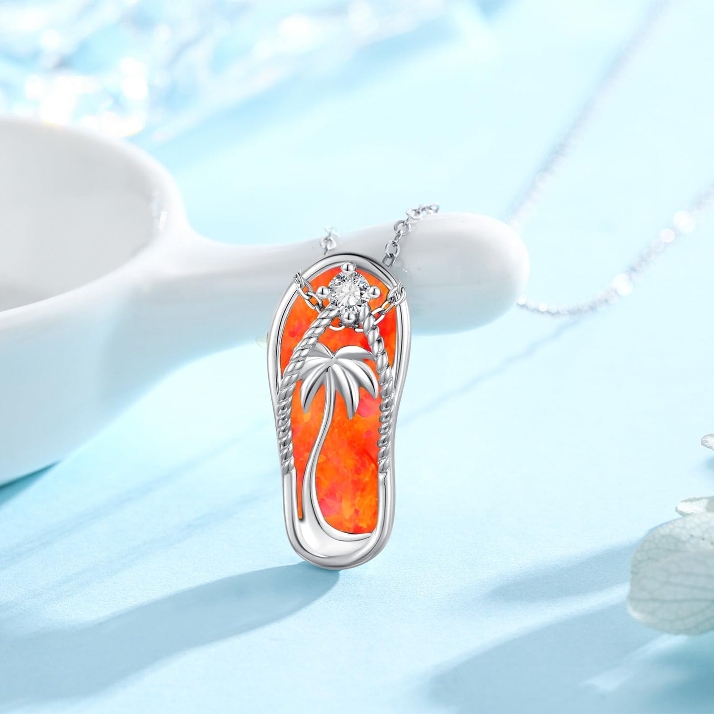 Midir&Etain Fire Opal Flip Flop Necklace 925 Sterling Silver Beach Palm Tree Pendant Hawaiian Necklace Flip-Flop Beachy Fire Opal Jewelry for Women