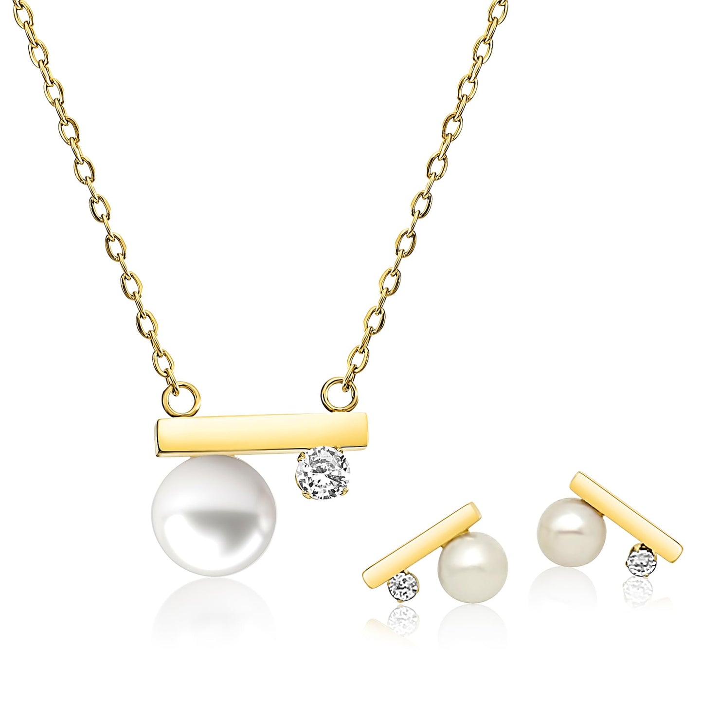 GLOSSET Gold Pearl Necklace and Earring Set, 18K Gold Plated Earrings and Necklace Set for Women, Dainty Freshwater Pearl and Cubic Zirconia Set Jewelry for Women Gift (Gold - Balance Bar)