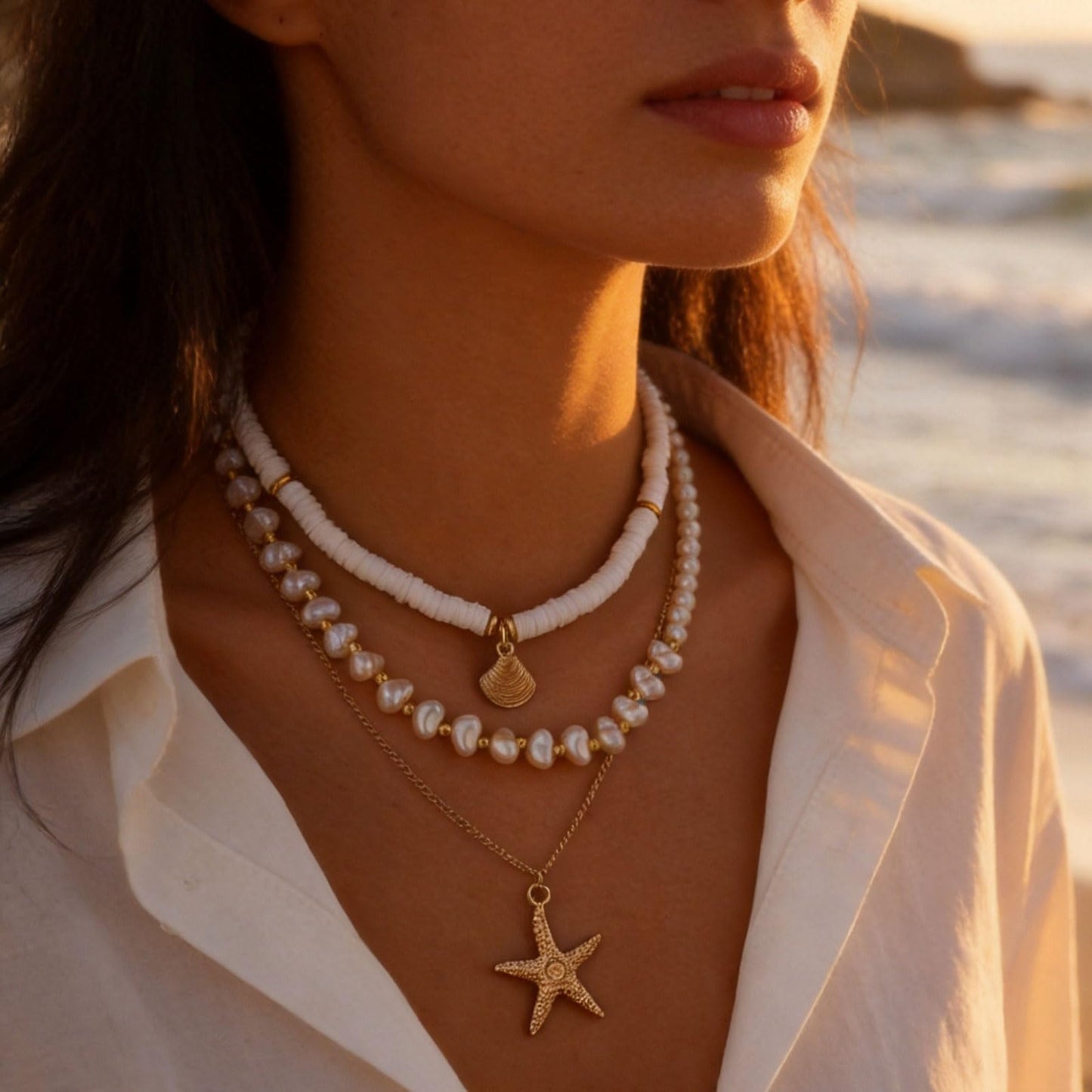 Frodete Starfish Necklace for Women Beach Necklaces Jewelry Layered Choker Drop Dangle Summer Vacation Outfits Theme Conch Seashell Accessories Ocean Pendant Dress Costume
