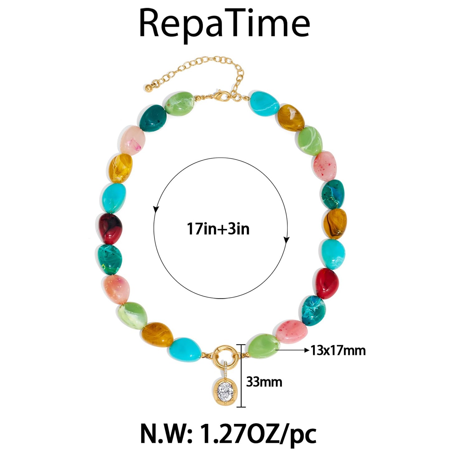 RepaTime Boho Colorful Acrylic Beaded Necklace for Women, Dainty Gold Plated Chunky Necklace with Cubic Zirconia Pendant, Statement Resin Bead Choker Necklace, Summer Beach Jewelry Gift for Her