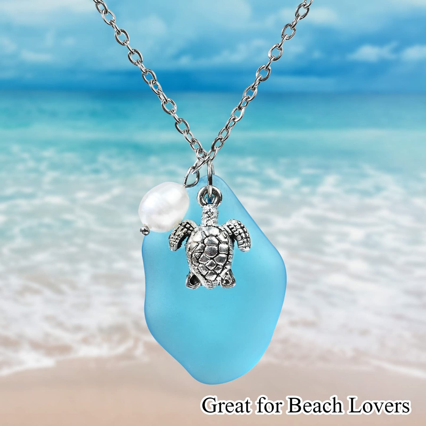 Sea Glass Necklace, Statement Beach Necklaces with Turtle Pendant, Freshwater Pearls, Sea Turtle Necklace, Handmade Necklaces Gift for Women Girls