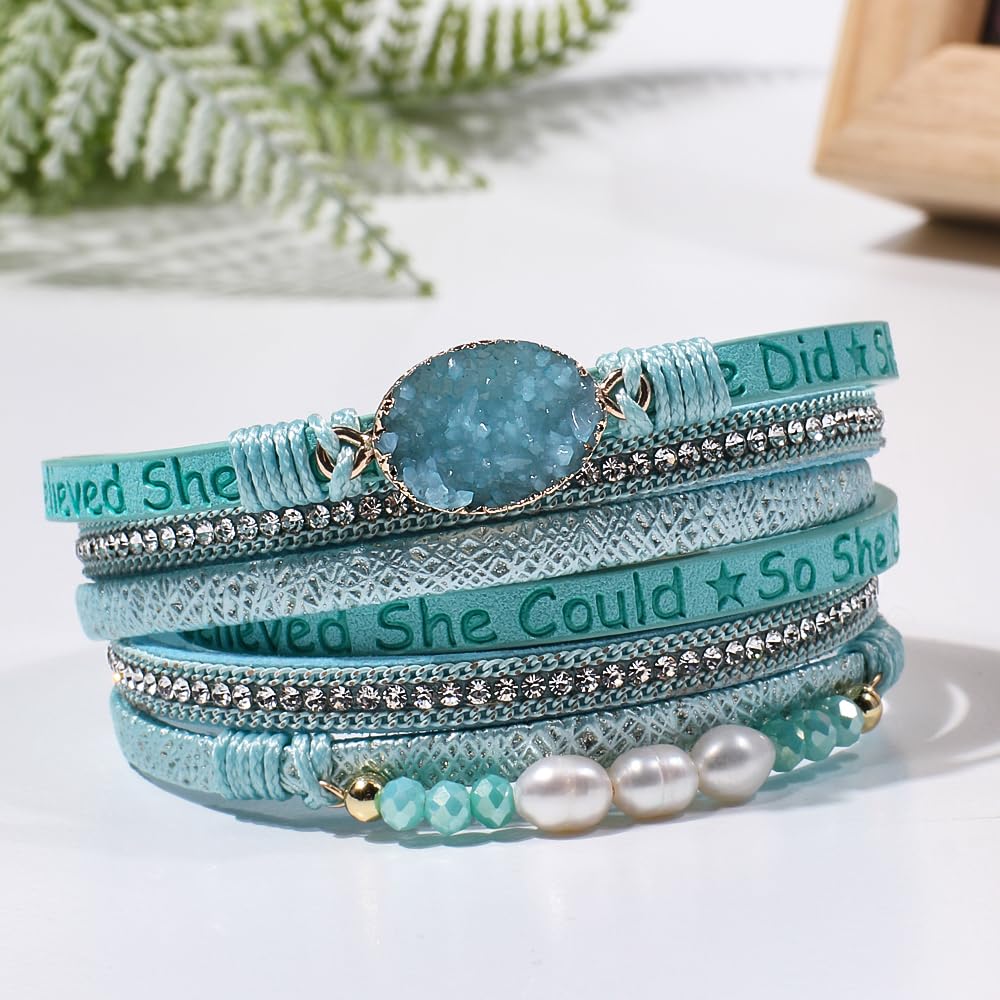 Artilady Leather Wrap Bracelet for Women - Handmade Clasp Bangle Bracelet with Pearl Beads Crystal Wristbands Jewelry Gift for Ladies and Mother