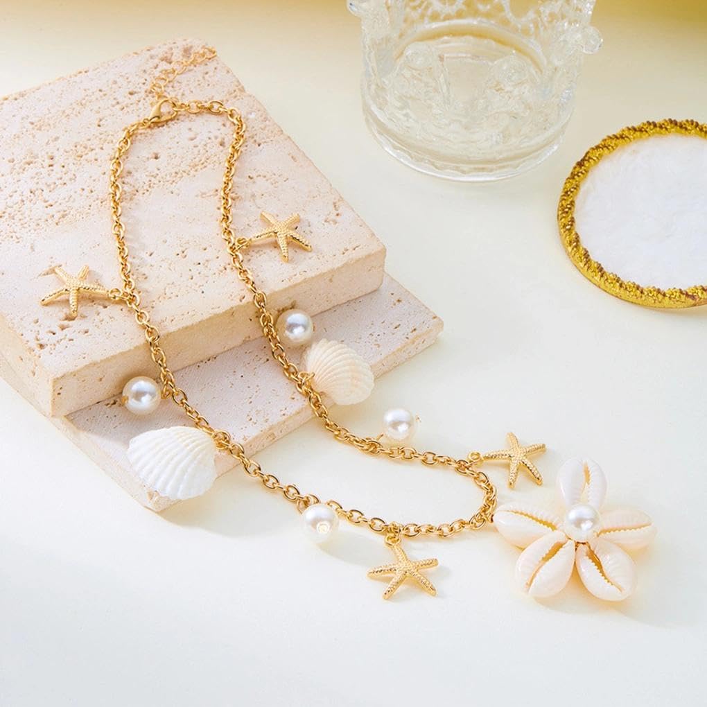 Gold Starfish Seashell Flower Charms Necklace for Women, Boho Adjustable Pearl Chain Choker Necklace Vintage Beachy Statement Jewelry Vacation Gifts (White)