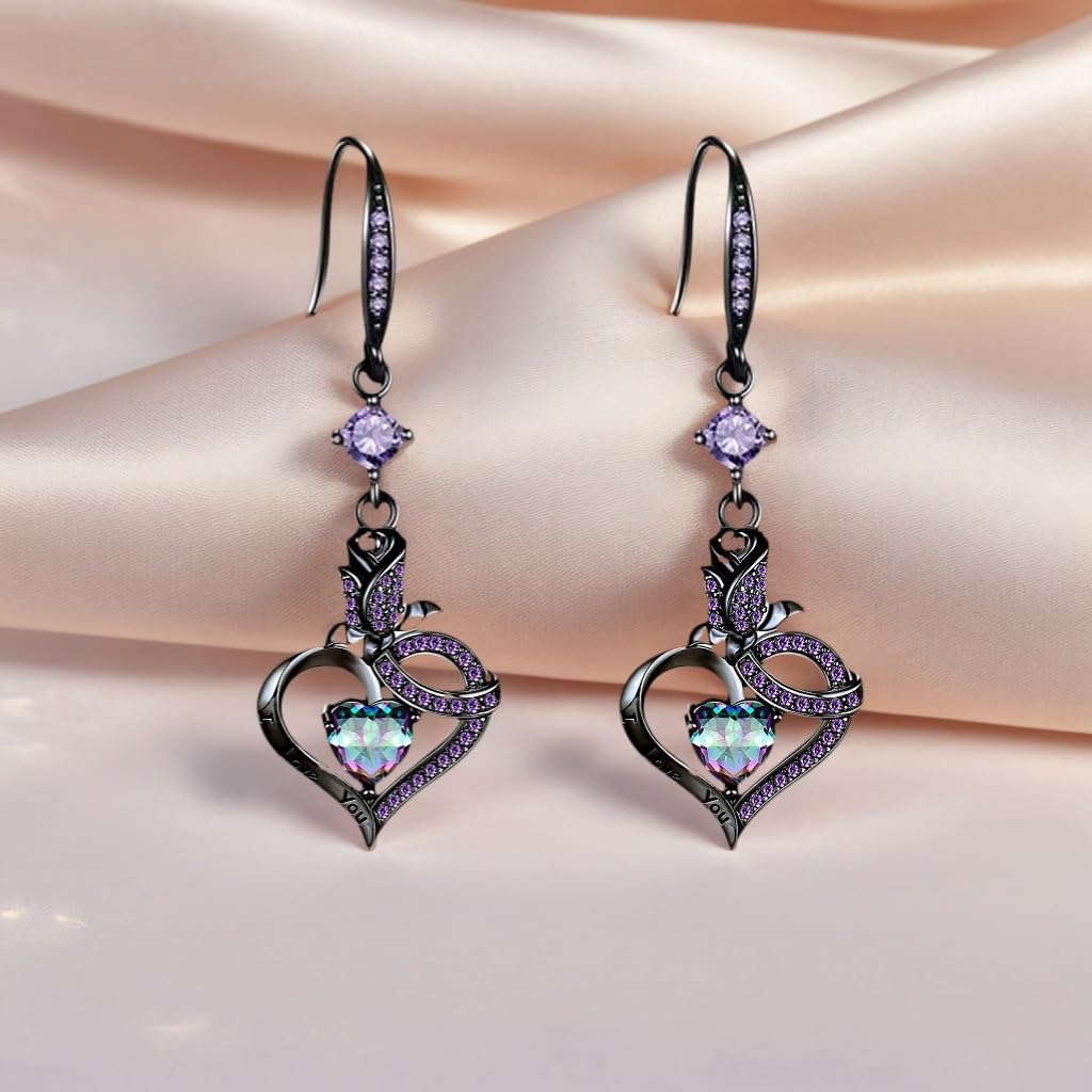 VOLUKA Gothic Heart Jewelry Set for Women, Black Gold Plated Necklace and Earrings with Purple Created Amethyst Crystal, Romantic Rose Flower Design for Wedding Engagement
