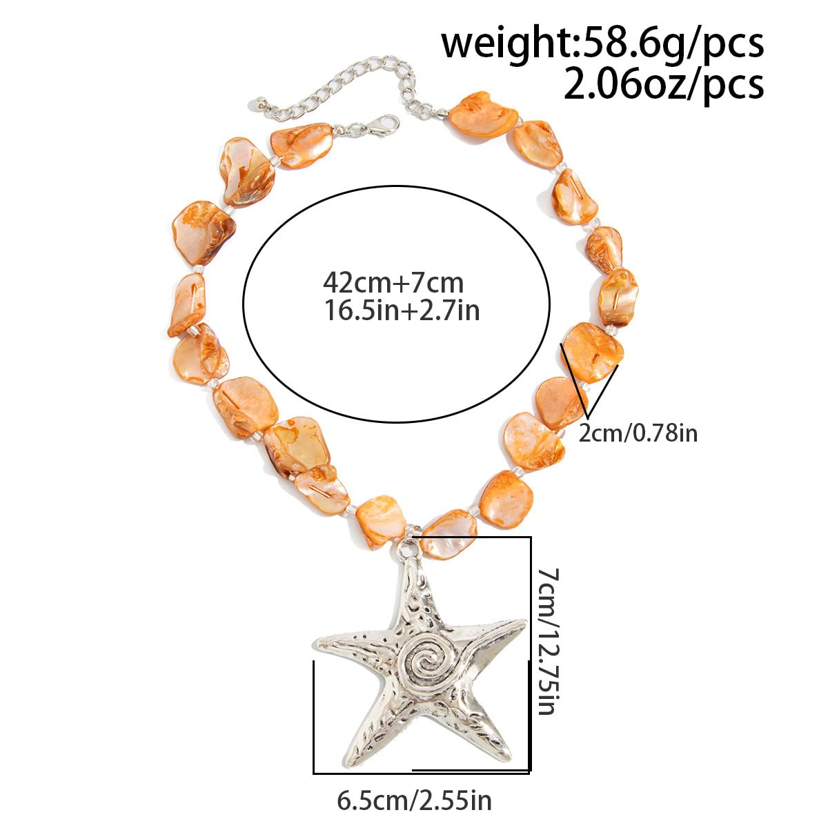LNNVKRV Chunky Silver Big Starfish Pendant Necklace for Women Fashion Adjustable Colorful Irregular Shell Beaded Choker Necklaces Boho Summer Beach Jewelry for Women (orange)