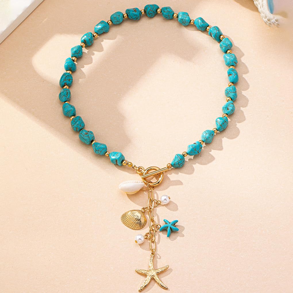 Stringex Seashell Starfish Choker Necklace for Women Boho Gold Starfish Pendant Necklaces Chunky Turquoise Beaded Long Necklace Trendy Holiday Jewelry Gifts (Teal)