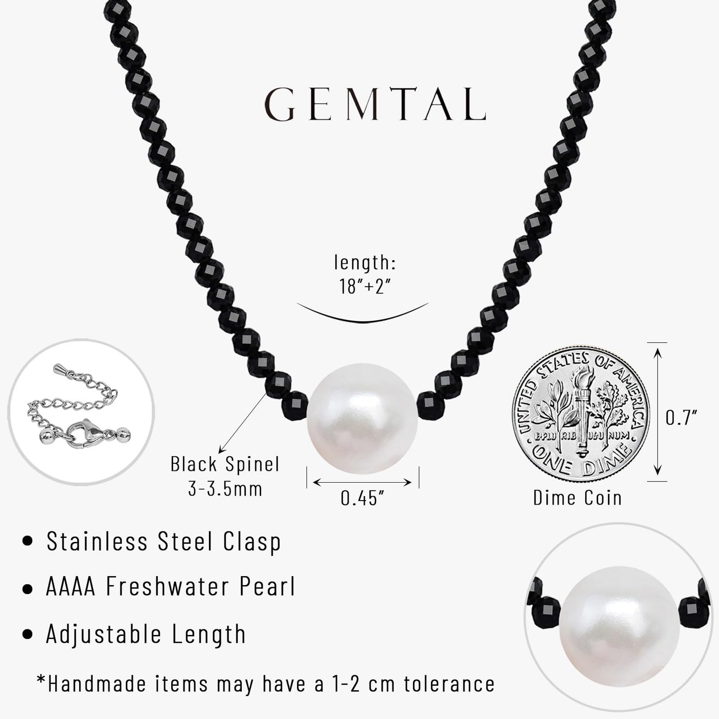 GEMTAL Pearl Necklaces for Women, Single Pearl Necklace Natural Gemstone Necklace Womens Black Stone Beaded Choker, Dainty Round Freshwater Pearl Drop Necklace Handmade Jewelry Gift Valentines Birthday Anniversary 18inch