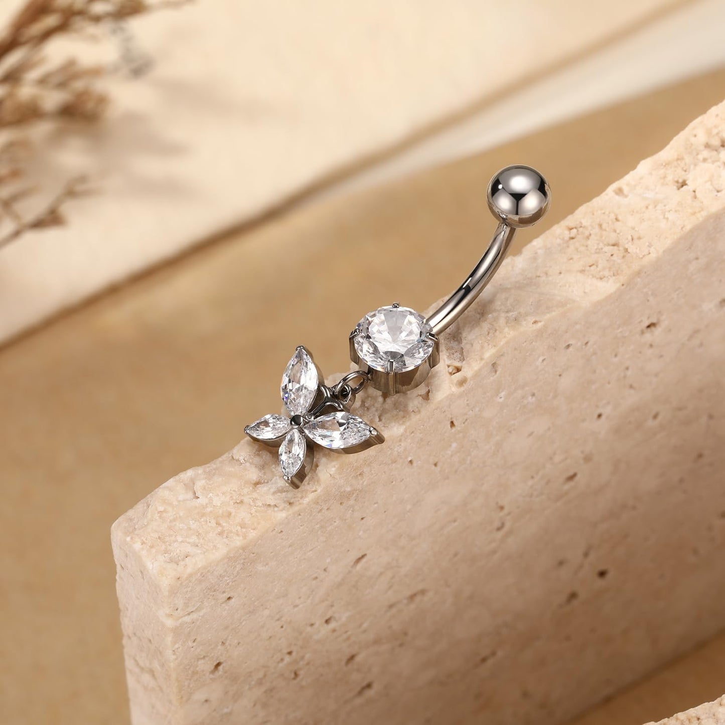 PEAKLINK 14G Belly Button Ring 10mm Dangle Belly Jewelry Internally Threaded Navel Piercing Silver for Women Titanium Curved Belly Barbell with Butterfly CZ Navel Bars