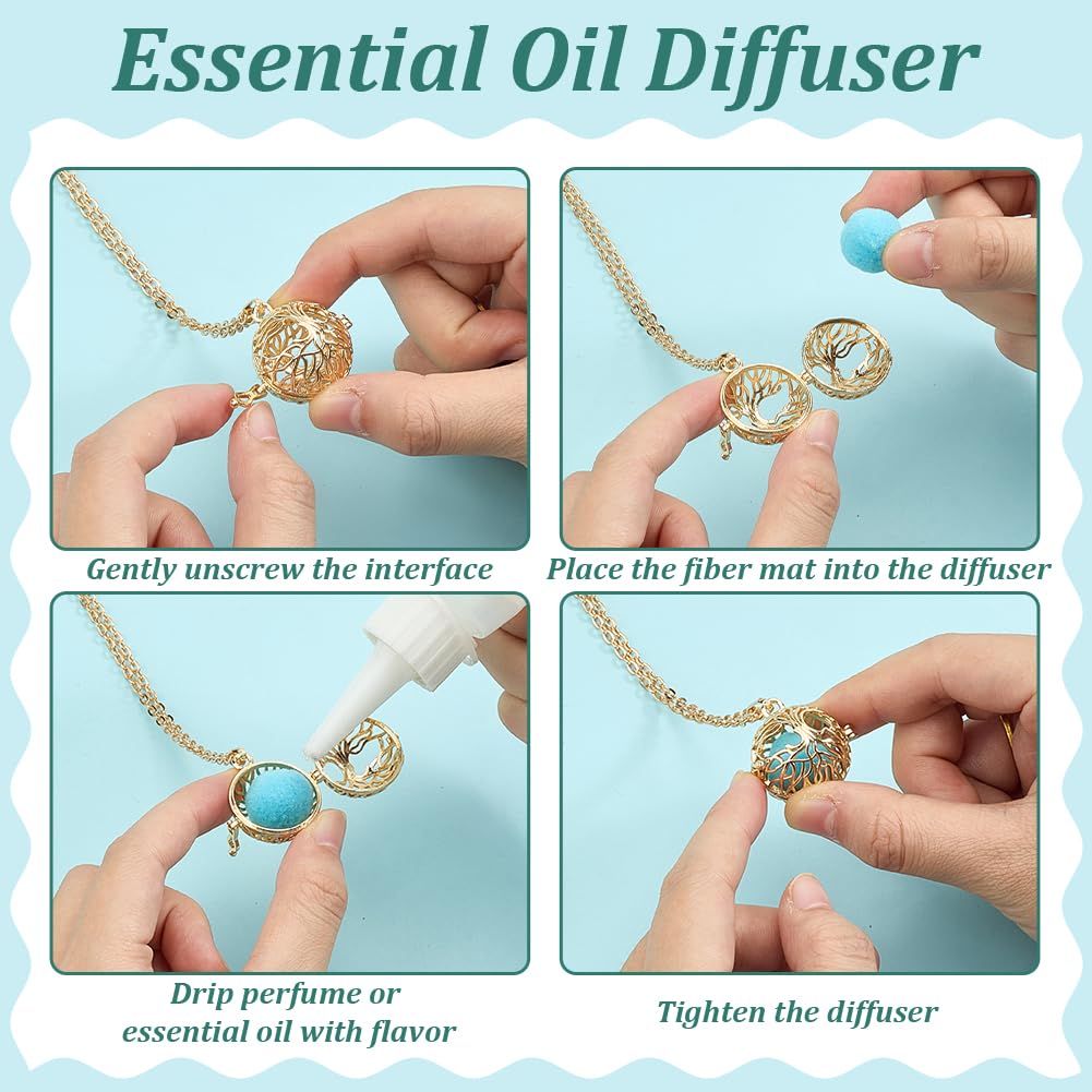 PH PandaHall 3pcs Golden Essential Oil Diffuser Necklace, Aromatherapy Locket Pendant with 10pcs Color Cotton Balls Scent Necklace Hollow Flower Pendant Necklaces for Men Women Jewelry Birthday Gifts