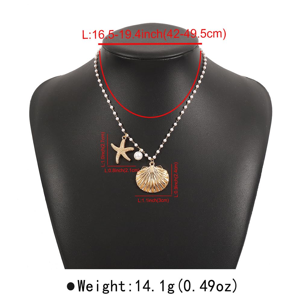 Gold Shell Starfish Beaded Pearl Necklaces for Women, Boho Sea Shell Star Beads Pearls Pendant Chain Necklace Holiday Beach Party Ocean Jewelry Gifts (Gold)