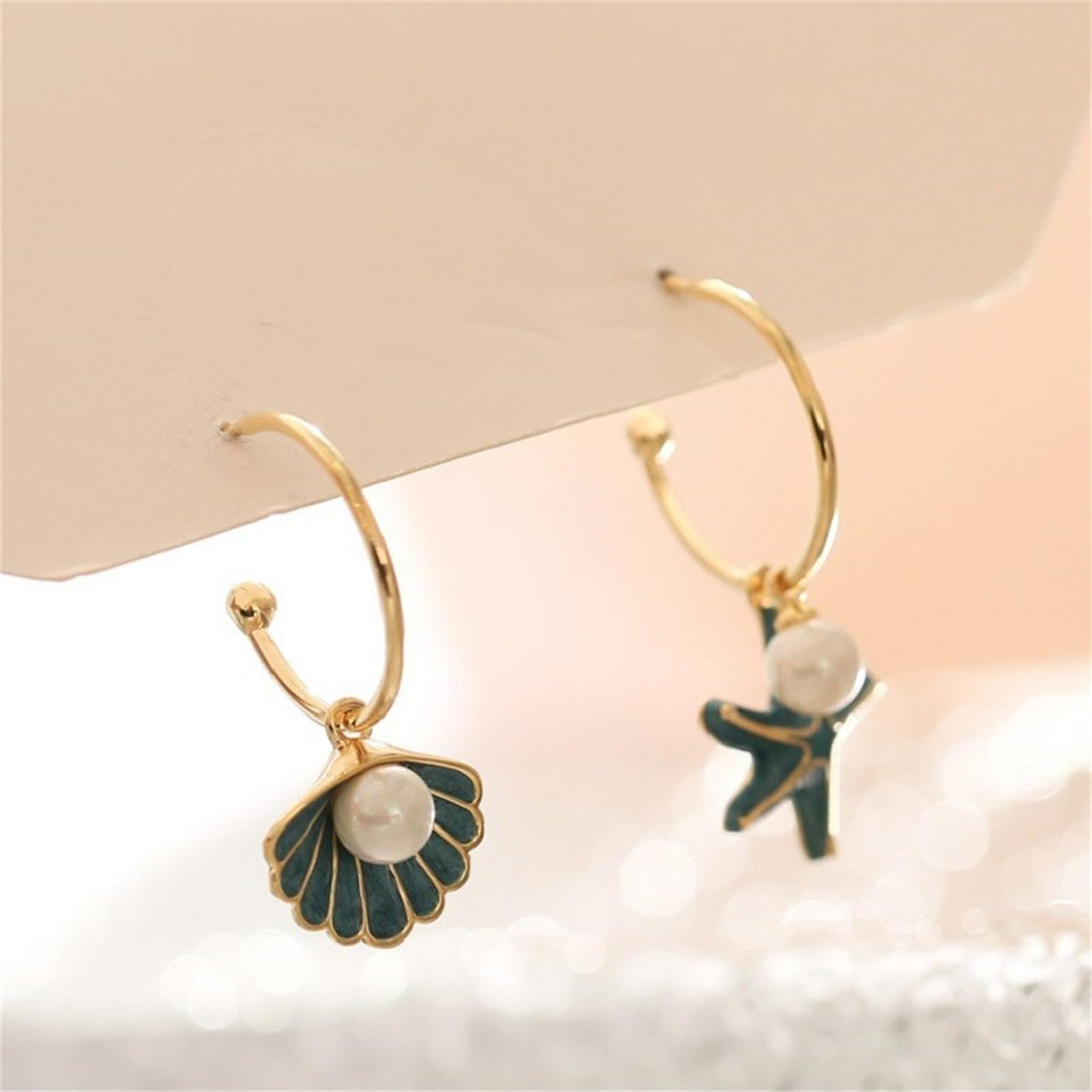 Asymmetric Starfish Seashell Earrings Gold Plated Boho Handmade Charm Cowrie Sea Shell Conch Star Ocean Animals Long Dangle Drop Earrings for Women Hawaii Summer Beach Party Holiday Jewelry Gifts (Blue)