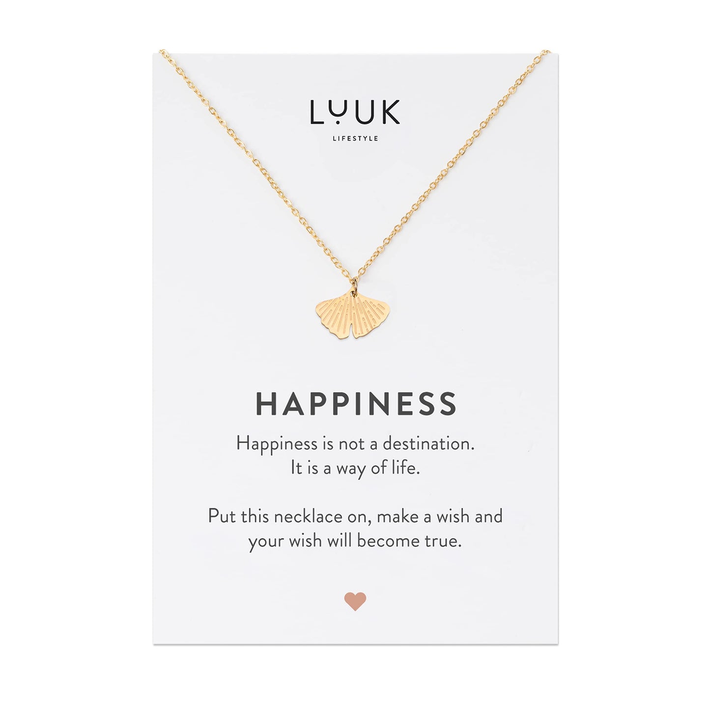 LUUK LIFESTYLE Necklace for women with ginkgo leaf pendant and HAPPINESS gift card, modern and minimalist fashion accessory, jewelry for everyday wear, good luck charm, zen yoga gift, gold