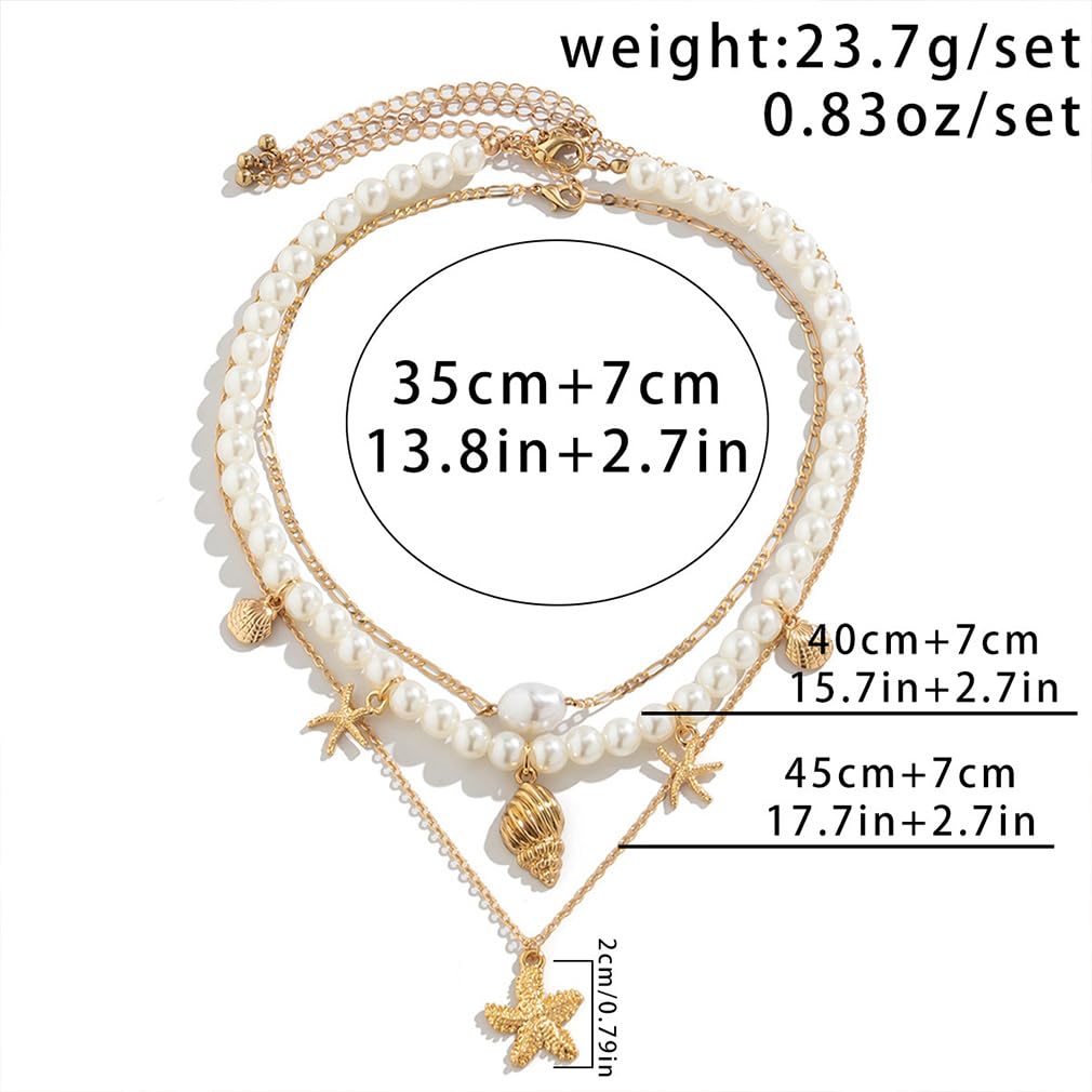 Chunky Gold Layered Pearl Starfish Statement Necklace Dainty Beach Pearls Beaded Seashell Choker Stacked Conch Sea Shell Necklaces Trendy Hawaiian Beachy Jewelry for Women (Gold)
