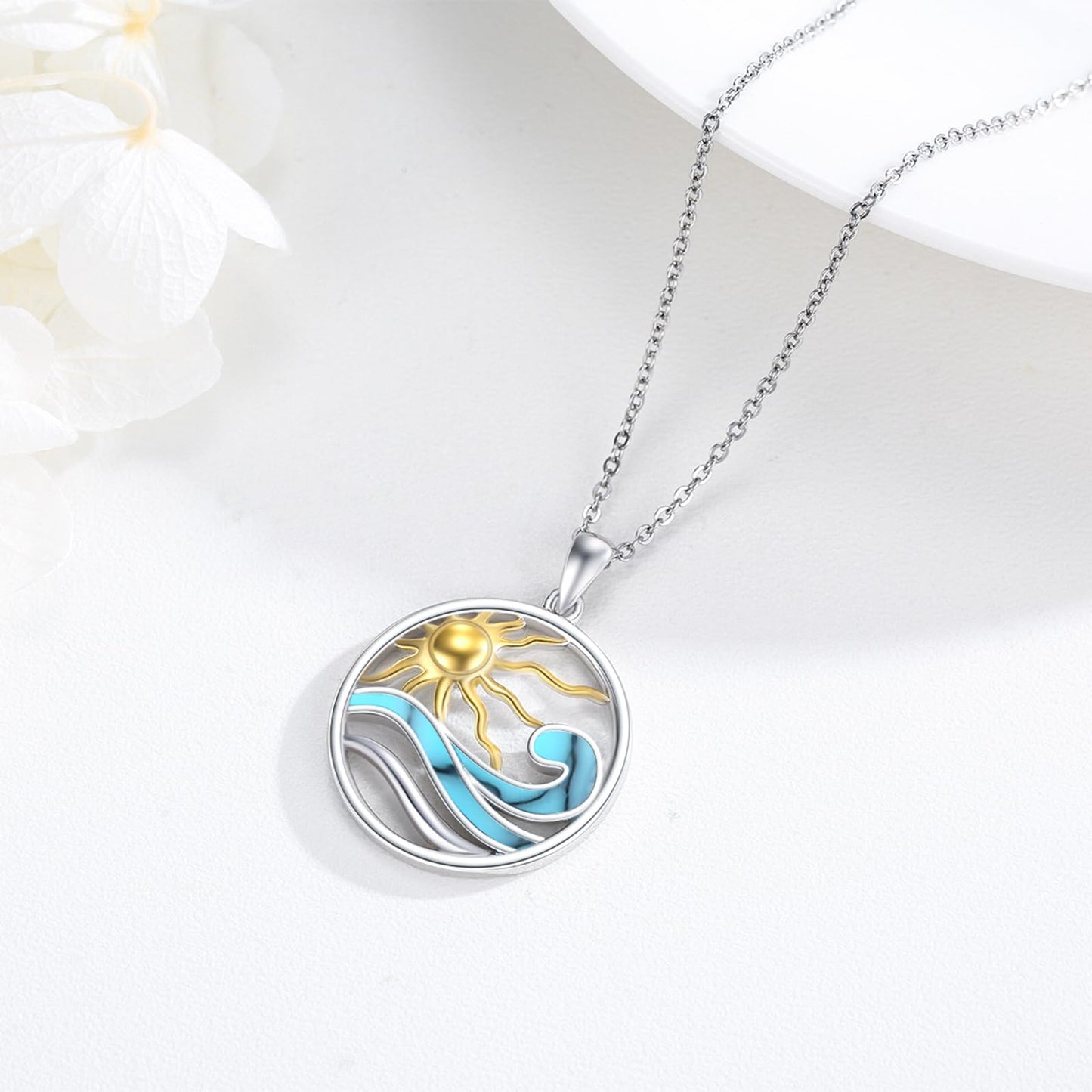 Midir&Etain Ocean Wave Necklace 925 Sterling Silver Sunburst Gold Sun Necklace Sea Surf Necklace Beach Themed Gifts Ocean Jewelry for Women Prime