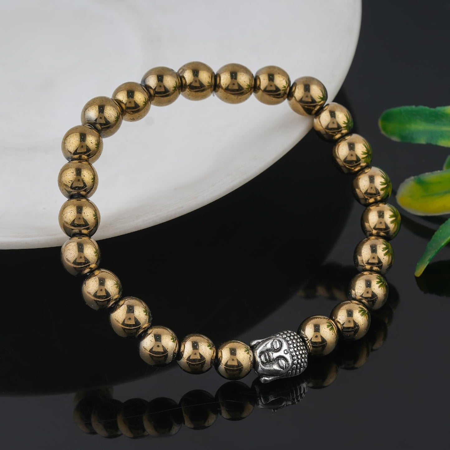 CRYSTALINES Buddha Charm Stretchable Braceclet, Natural Golden Pyrite Gemstone Beads, Plain Round Stones, Handmade Boho Strech Bracelet, Adjustable Spiritual Healing Crystal Unisex Jewelry Gift
