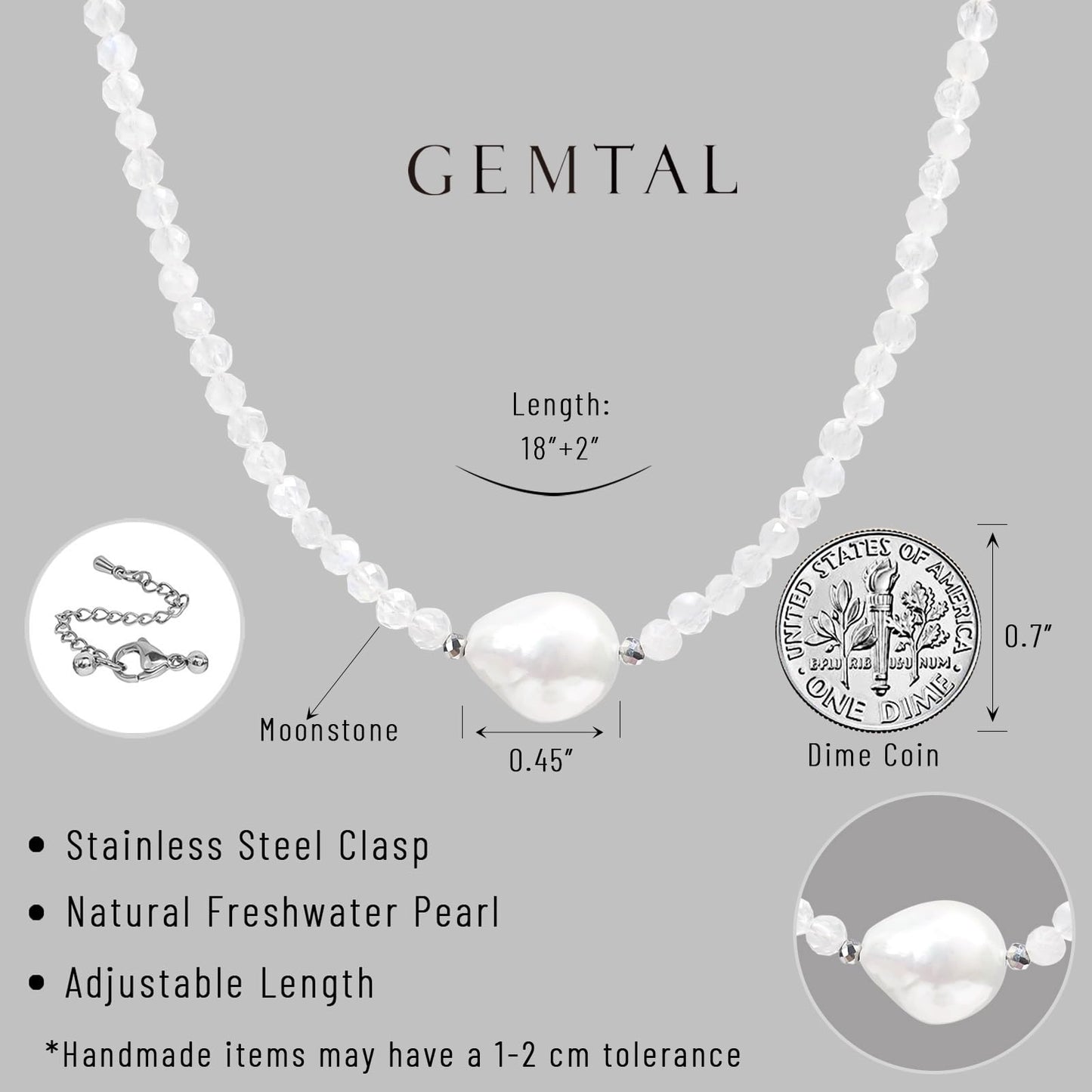 GEMTAL Single Pearl Choker Pendant Necklaces for Women, Natural Gemstone Womens Moonstone Crystal Choker Necklace, Dainty Round Freshwater Pearl Handmade Jewelry Gift Women Birthday Bridesmaids Anniversary(Moonstone, 18")